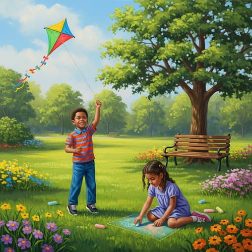 Kids Playing in Sunny Park - Colorful Kite and Sidewalk Chalk Fun
