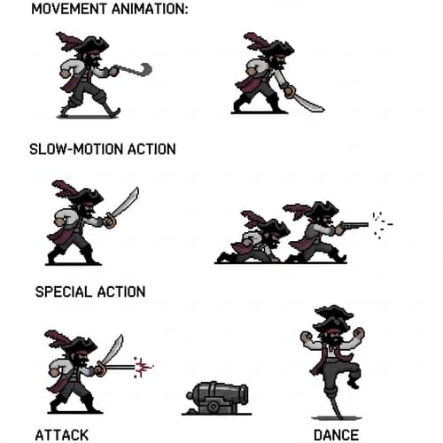 Pirate Character Animation Series: 15-Color, 64x64 Pixels Design