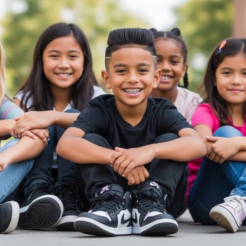 Diverse Children with Flat Haircut and Jordan 1 Shoes - Smiling Child with Braces