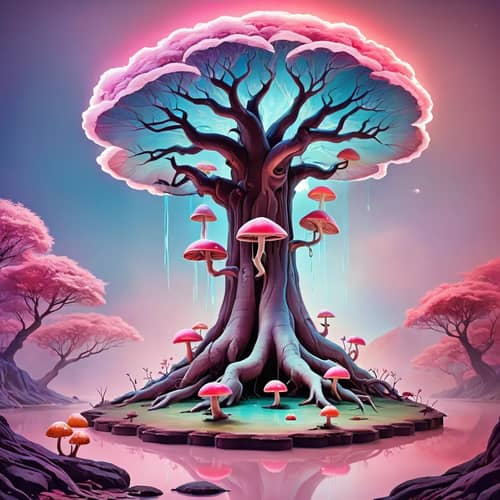 Enchanting Surreal Tree with Glowing Mushrooms