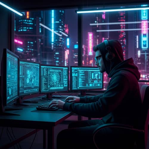 Skilled Hacker in Cyberpunk Room Surrounded by Glowing Screens