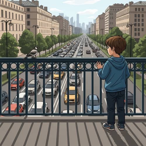 Urban Bridge Encounter: Boy and Bird in City Chaos