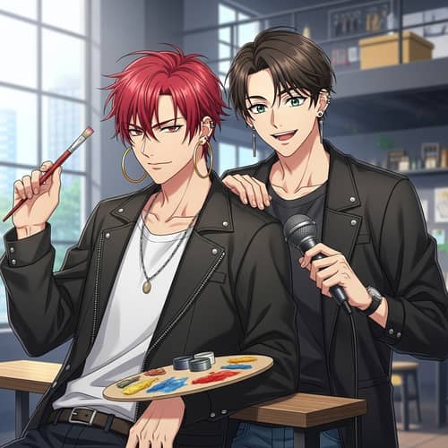 Young Men in Stylish Outfits: Artistic & Musical Duo