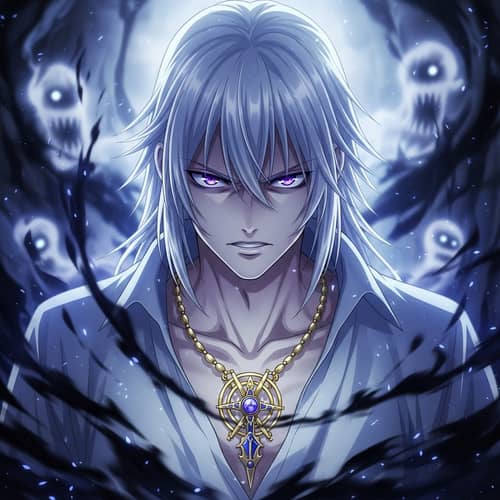 Intense Anime Character with White Hair and Purple Eyes