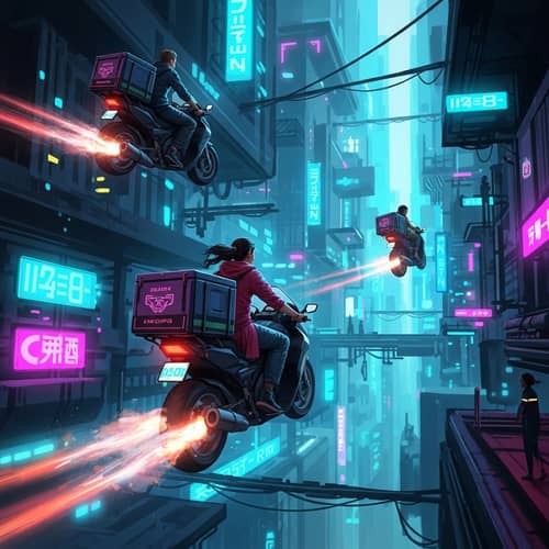 Futuristic Cyberpunk Motorbike Delivery in a Neon City