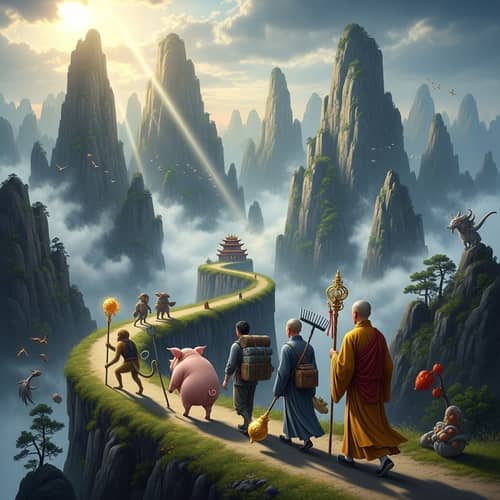 Journey to the West Inspired Scene: Mountains, Monastery & Characters