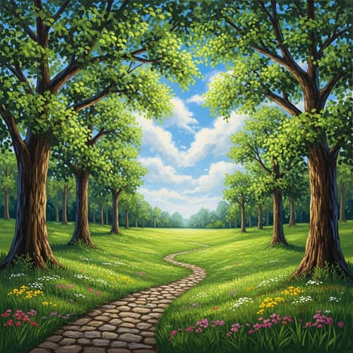 Impressionist-Style Landscape Painting with Lush Green Meadow