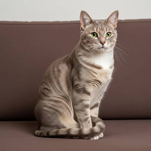 Furry Domestic Cat with Sleek Grey Coat and Mesmerizing Green Eyes