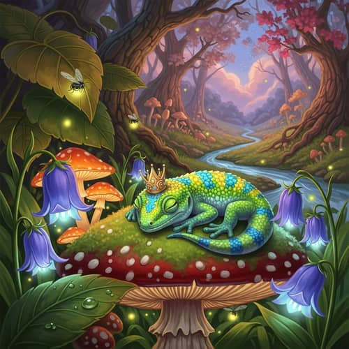 Whimsical Painting of Male Gecko with Golden Crown