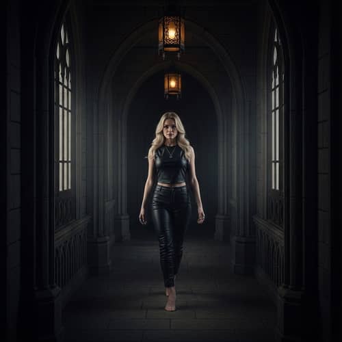 Seductive Blonde Woman in Black Leather Bikini – Fantasy Cinematic Scene