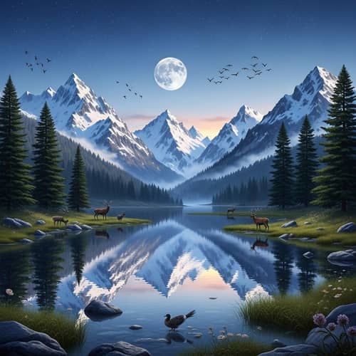 Majestic Snow-Covered Mountains and Pristine Lake Landscape
