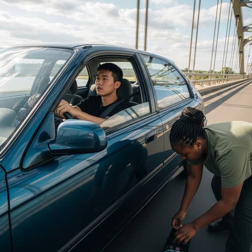 Car Driving Over Bridge with Asian Man and African Woman Inside