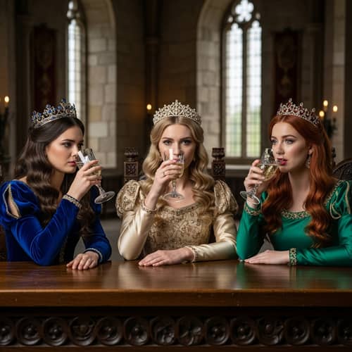 Brunette, Blonde & Redhead Princesses Drinking Sparkling Wine in Ancient Castle