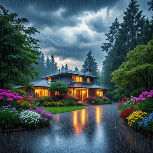 Idyllic Suburban Home in Lush Garden During Rain Shower
