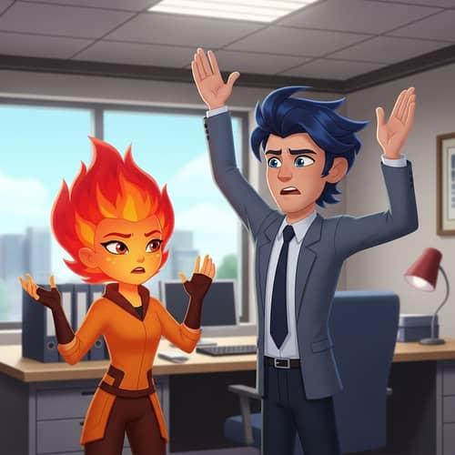Ember and Wade: Elemental Cartoon Characters Disagree in Office