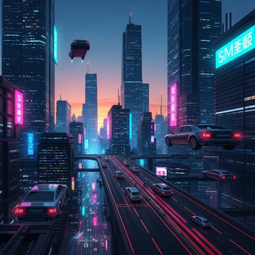 Futuristic Cityscape at Sunset: Neon Skyscrapers and Gravity-Defying Vehicles