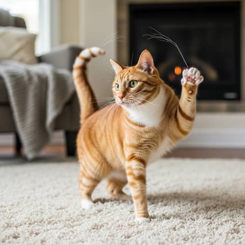 Playful Orange and White Cat Dancing in Cozy Home Setting