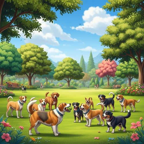 Playful Dog Park Scene with Diverse Breeds | Fun Pet Activity
