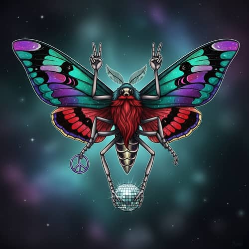 Mortality-Inspired Death Moth with Crimson Beard and Disco Ball