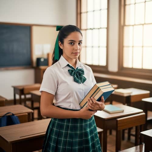 Youthful Hispanic Female Actress in Schoolgirl Uniform