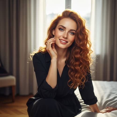 Radiant Caucasian Woman: Long Curly Ginger Hair & Captivating Smile