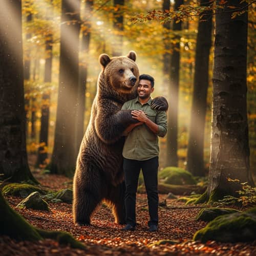 Brown Bear Hugging South Asian Male in Forest Setting