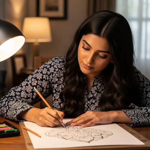 South Asian Woman Pencil Drawing Artwork