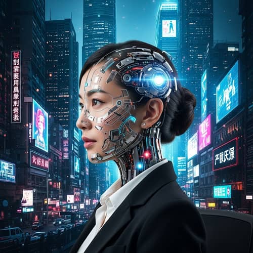 Asian Woman & AI Robotics in Futuristic Urban Metropolis