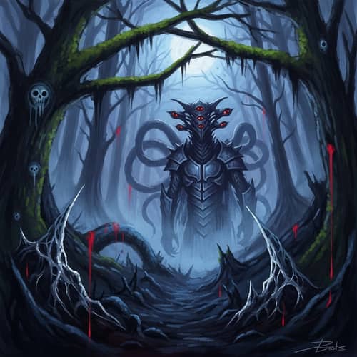 Fantastical Monster Painting in Dark Forest Setting
