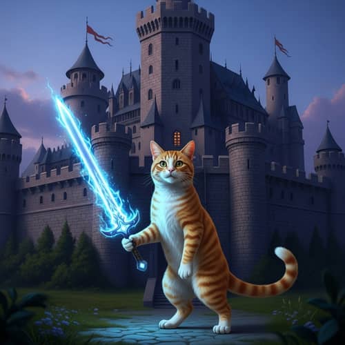 Majestic Feline with Energy Sword at Stone Castle