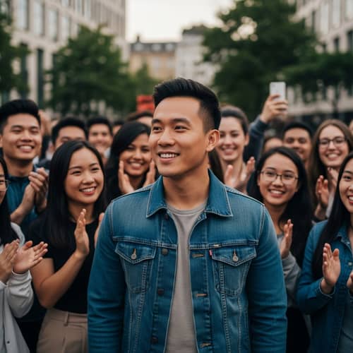 Captivating Photorealistic Portrait of Vietnamese Man Amongst Diverse Crowd