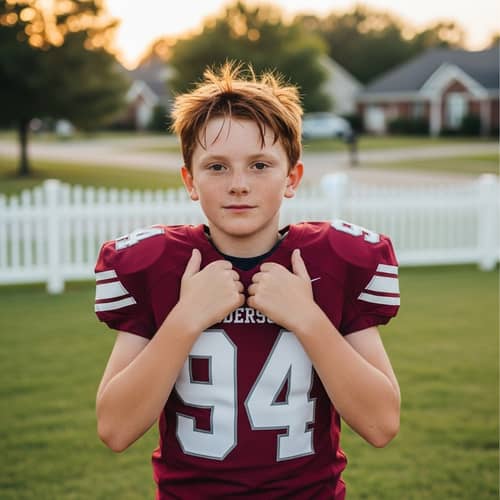 Excited Young Boy in Maroon Football Jersey | Sports Photography