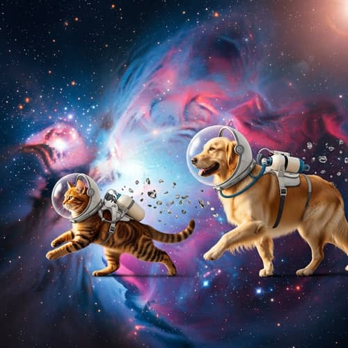 Realistic Cat and Dog Walking in Space Photo