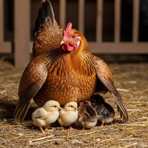 Mother Hen Protecting Three Fluffy Chicks | Barnyard Wildlife