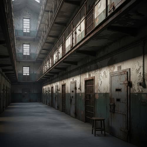 Forgotten Penitentiary: Eerie Prison Setting with Rusty Bars