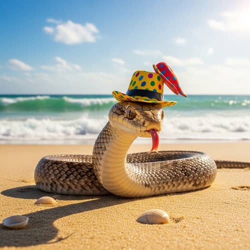 Humorous Snake in Silly Hat on Sandy Beach