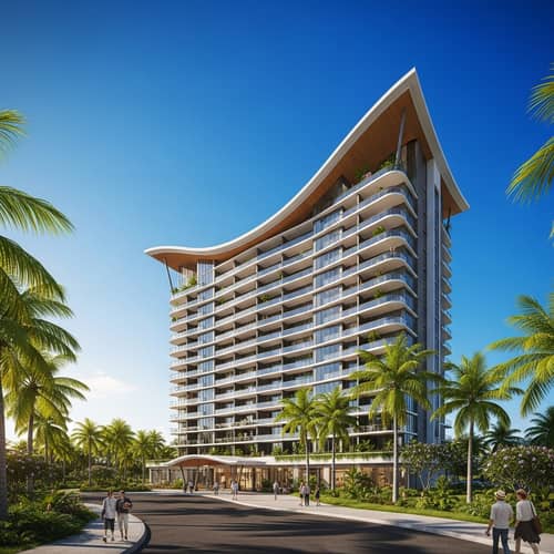 Tropical High-Rise Condominium with Distinctive Sweeping Roof