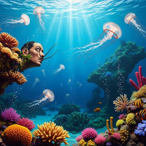 Surreal Underwater Vista: Dalí-Inspired Jellyfish & Coral