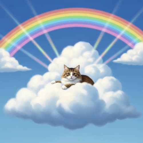 Fluffy Domestic Cat in Majestic Cloud with Rainbow