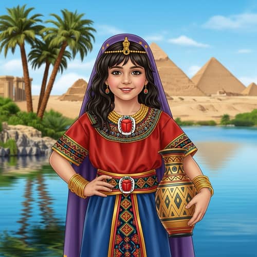 Young Egyptian Girl in Traditional Attire with Scarab Necklace and Pyramids