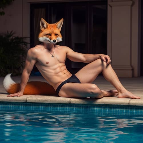 Male Fox Demi-Human Lounging by Luxurious Pool in High Fashion Style