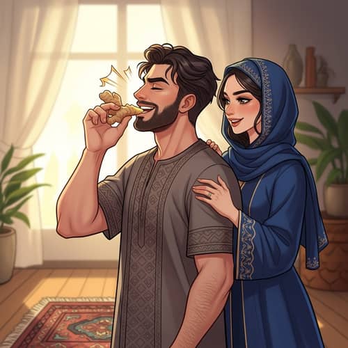 Middle Eastern Man Savoring Ginger with Vigor