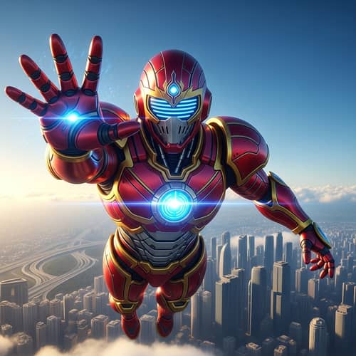 Crimson & Gold Armored Robot Soaring High | Energy Blast
