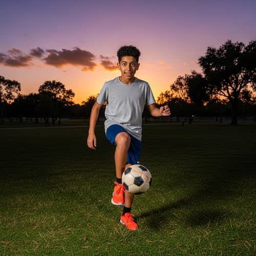 Middle-Eastern Teenager Playing Soccer at Dusk in the Park