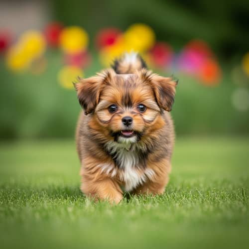 Cute Small Dog with Fluffy Fur in Joyful Garden