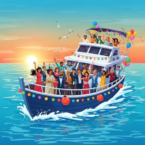 Vibrant Party Boat Celebration in the Blue Sea