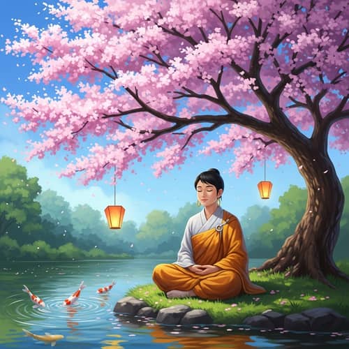 Serenity in a Lush Garden: Asian Meditation Painting