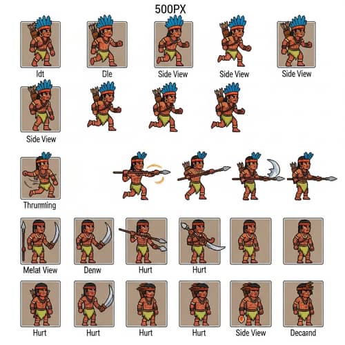 Brazilian Indigenous Warrior Pixel Art Sprite Sheet - RPG Character Design