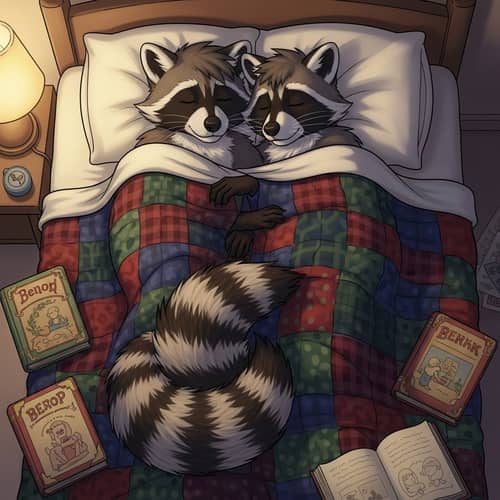 Anthropomorphic Male Raccoons Cuddling in Bed
