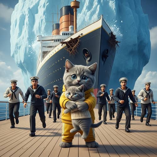 Grey Cat Hugging Kitten on Liner Deck | Diverse Sailor Chaos